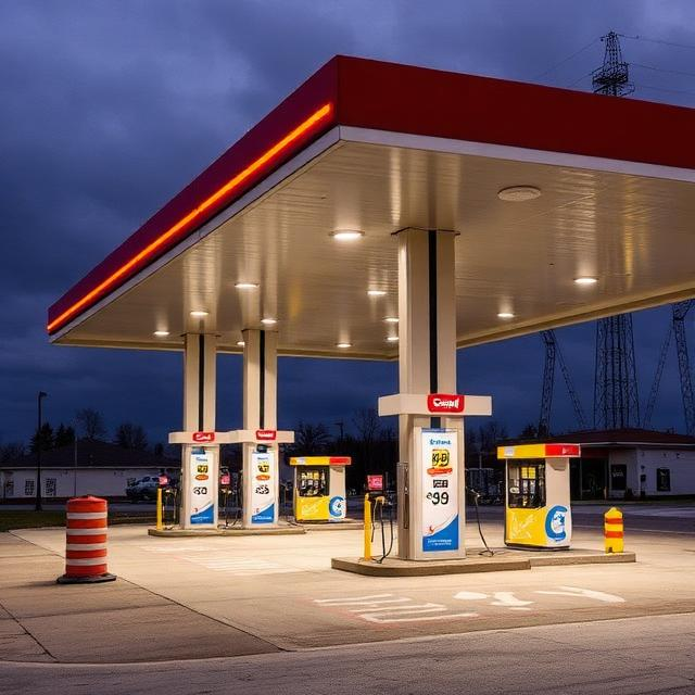Completed and illuminated gas station at dusk